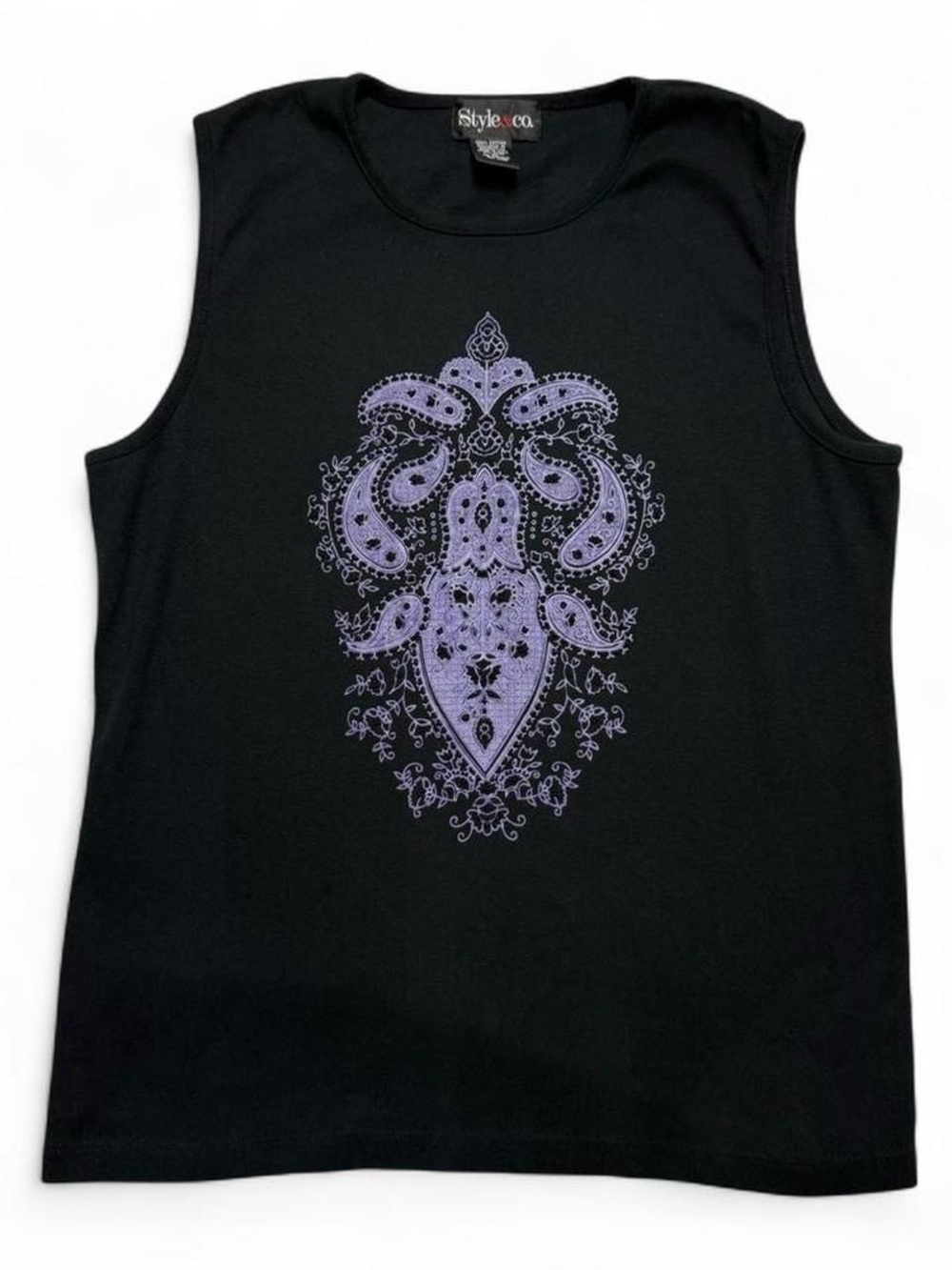 Style & Co Black Sleeveless Purple Paisley Graphic Tank Top Women’s Size XL
